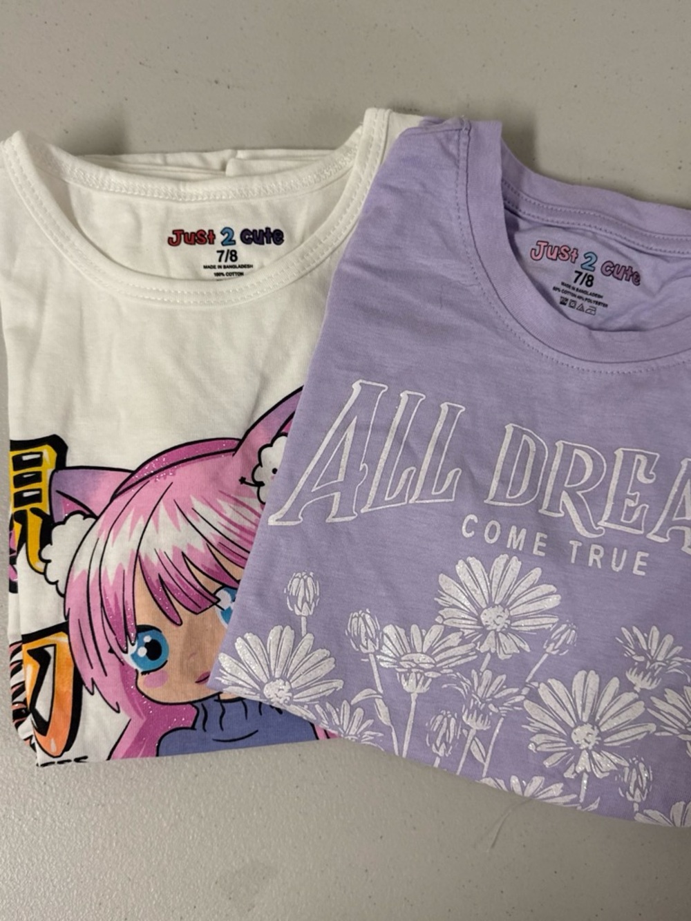 2 Cute Lavender and White Girls' Short Sleeve Graphic Tees